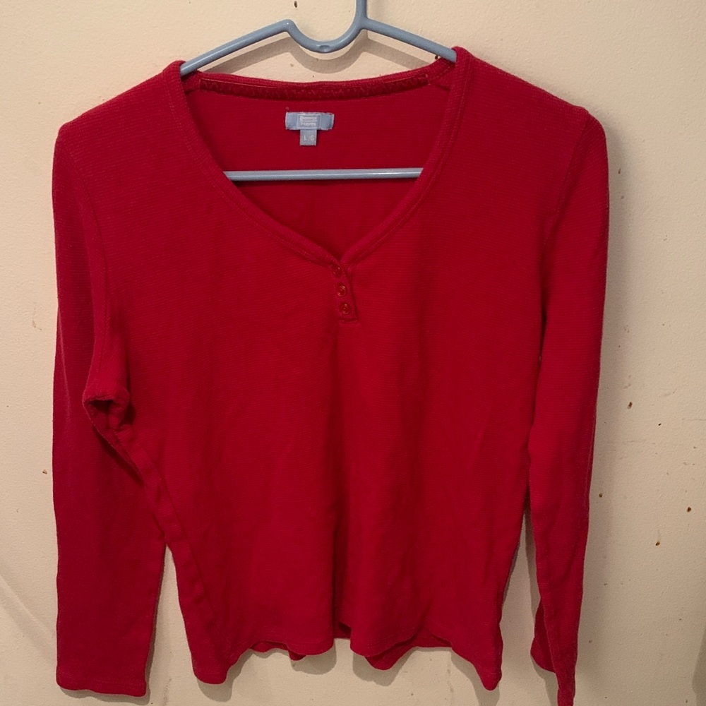 Denver Hayes Vibrant Cardinal Red Long Sleeve Quarter Button Waffle Tee SZ L